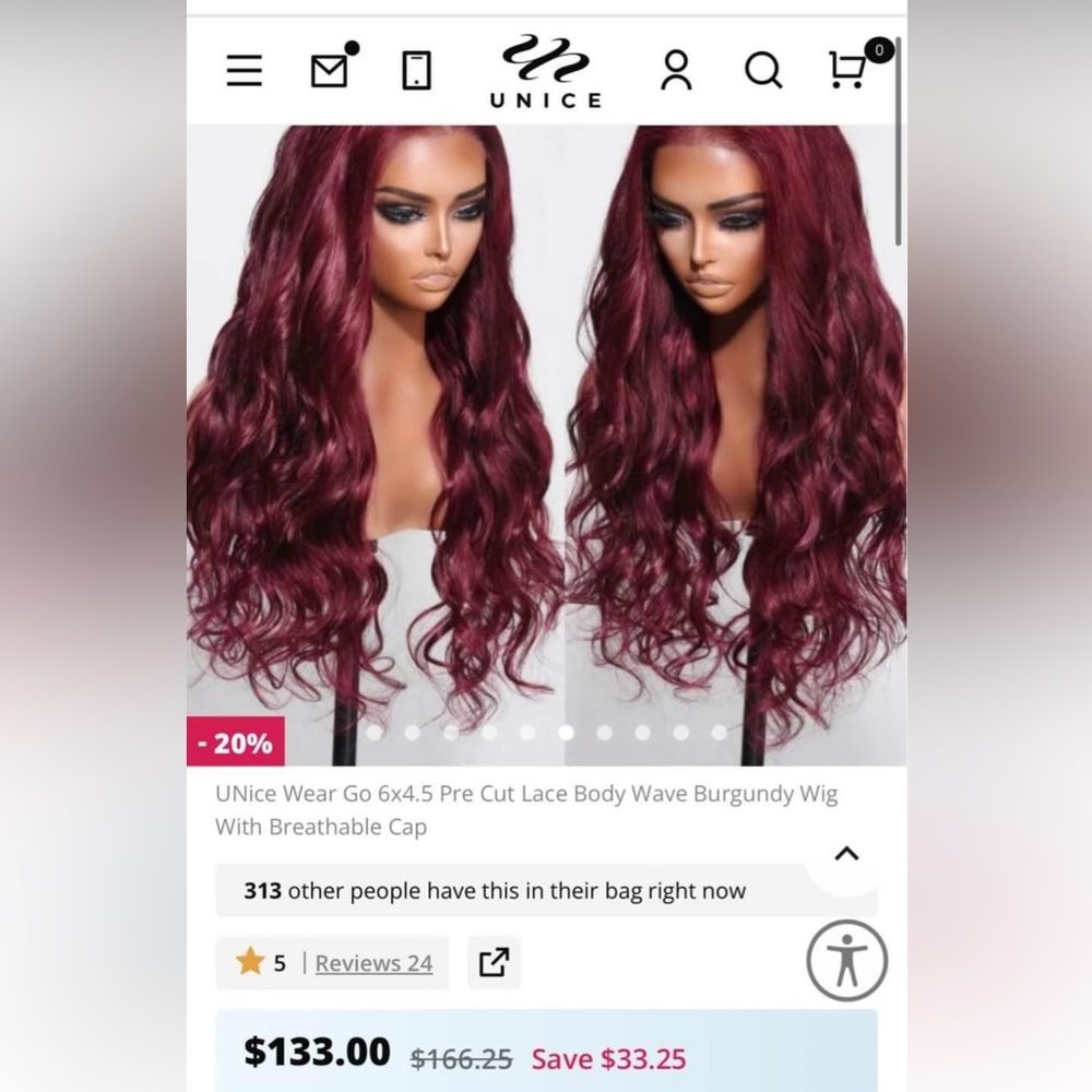 UNice burgundy wig BUNDLE(wig,2 wig caps,makeup brush,headband,notebook,lashes)